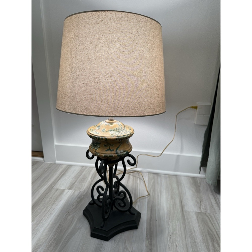 Charming Vintage Hand Painted Urn Lamp Green&Gold Floral Motif Large Size Heavy
